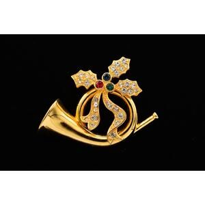 Merksamer Vintage Horn Pin Brooch Rhinestone Crystal Gold Tone Signed 90s BinAT